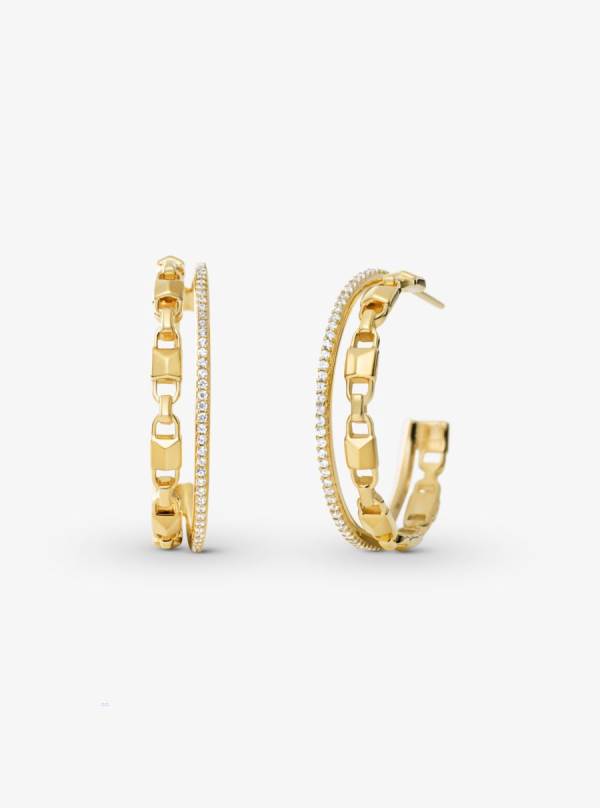 Damske Nausnice Michael Kors Precious Metal-Plated Sterling Silver Mercer Link Pavé Halo Hoops Zlate - Šperky Michael Kors Nejlevnejsi | RADMJ-1859